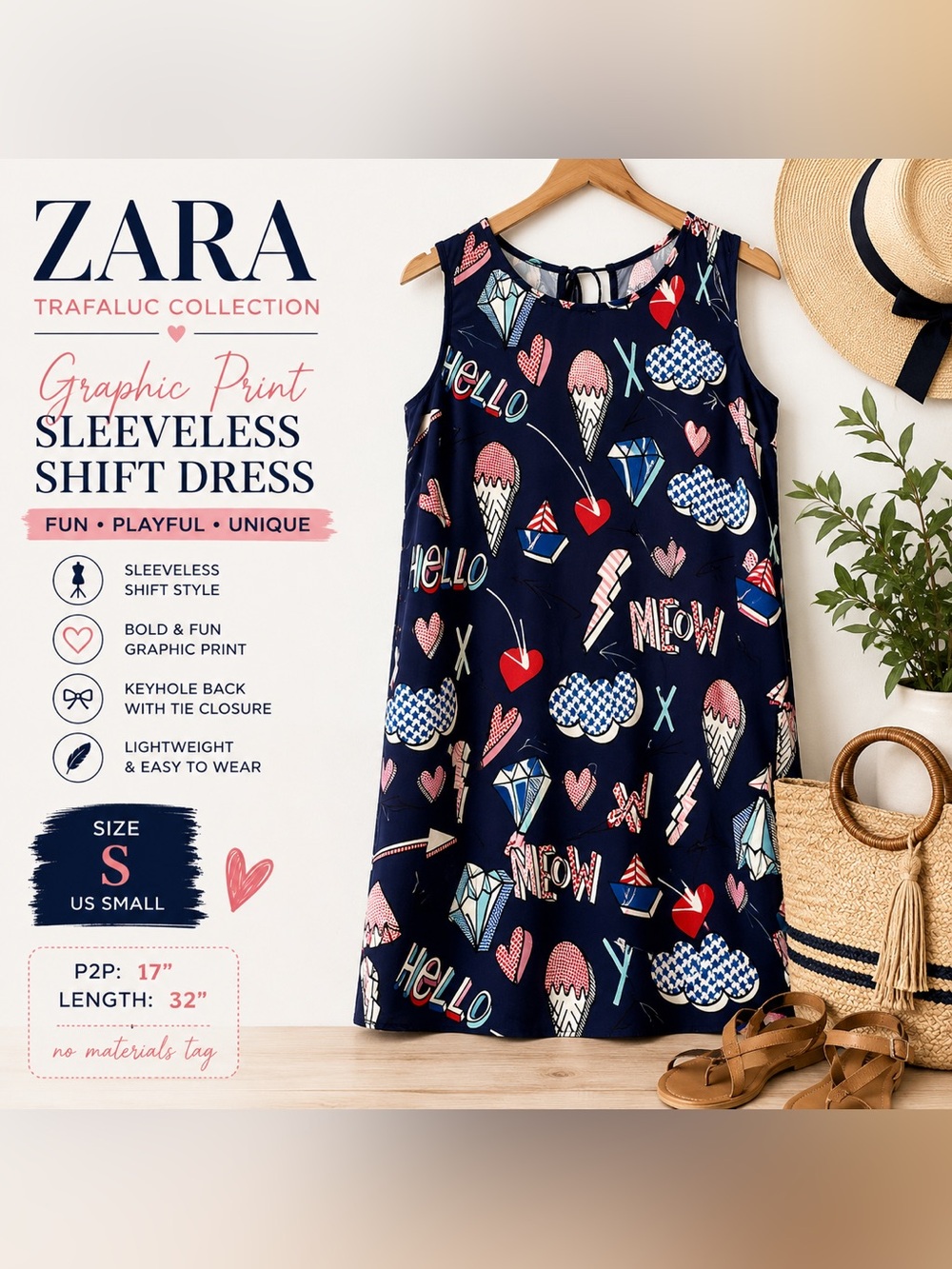 Zara Trafaluc Graphic Print Sleeveless Shift Dress Size Small Navy Pop Art